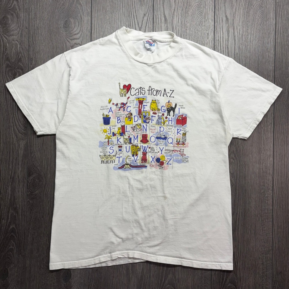 Vintage 1992 Cats from A-Z T-Shirt Mens XL White PAWS Rescue Hanes Beefy-T